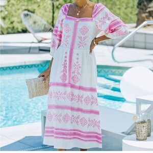 White and Pink Embroidered Maxi Dress